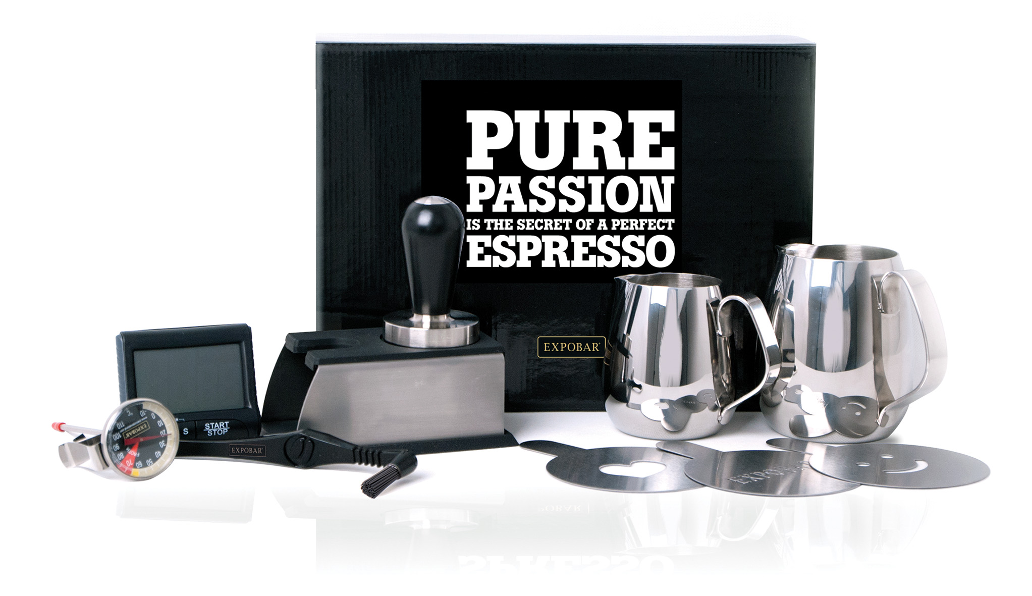 Barista kit, 2 kannor, termometer,borste,tamper,
tampermatta, digitalt ur